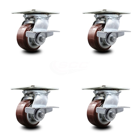 Service Caster 4 Inch Heavy Duty Polyurethane Caster Set with Roller Bearings and Brakes SCC SCC-35S420-PPUR-SLB-4